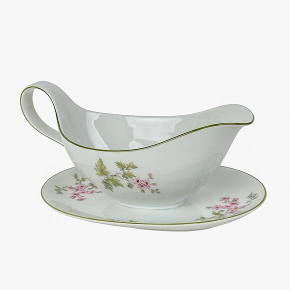 Hutschenreuther Selb Bavaria Gravy Boat Attached Underplate Handle Pink Flowers - Picture 1 of 13